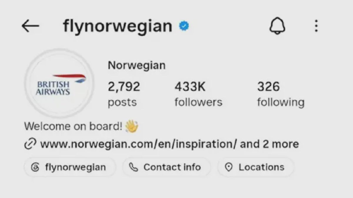 Logo Instagram Norwegian Air Berubah Jadi British Airways Sehari